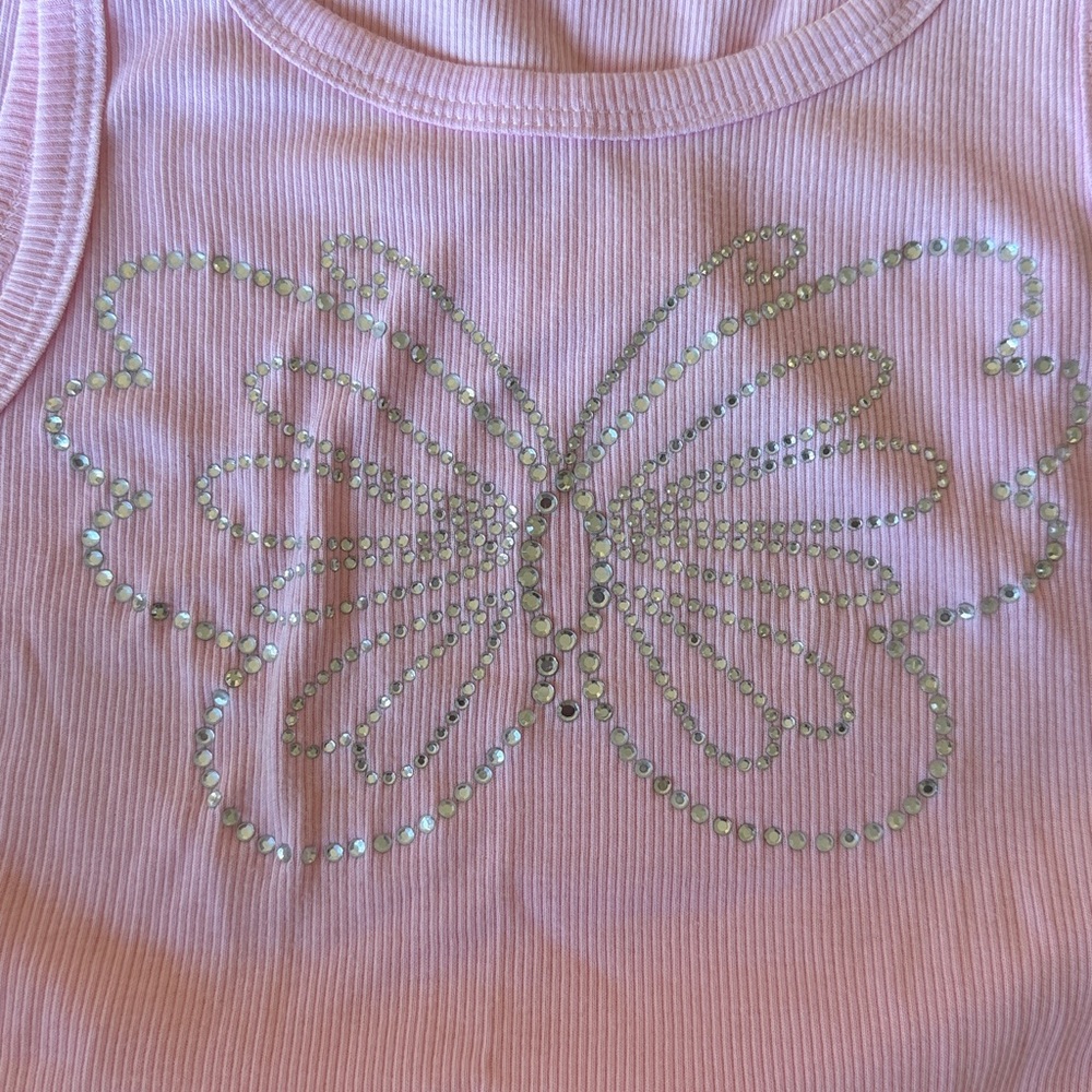 RETRO RAG Pink Ribbed Tank Top Embellished Rhinestone Butterfly Size Medium